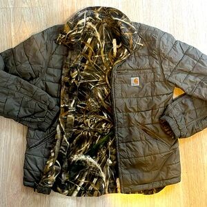 Reversible carhartt green down and camouflage fleece jacket